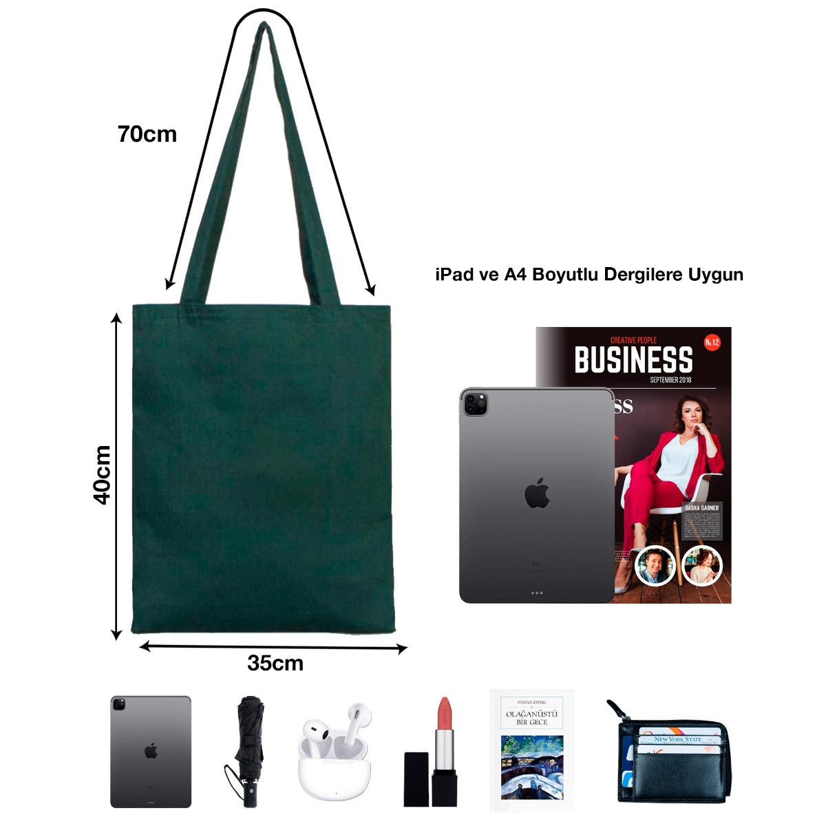 35×40 cm yeşil renkli kumaş tote çanta, ön yüzünde karne ve tatil temalı renkli baskı bulunan model.