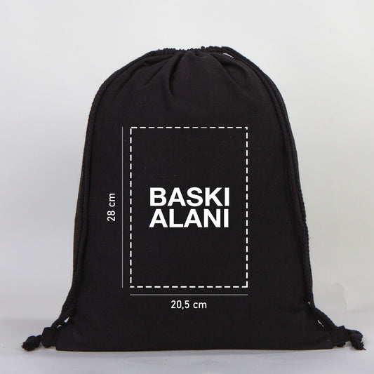 Gabardin Büzgülü Siyah Bez Sırt Çantası 40x50 cm (Özelleştirilebilir)