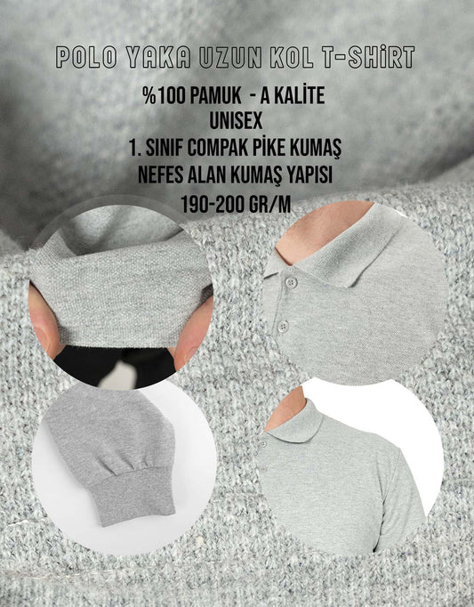 Baskılı Polo Yaka Uzun Kol Gri Tişört