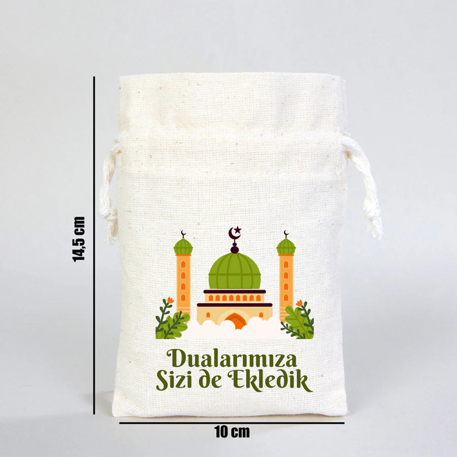 Hac ve Umre Hediyelik Bez Kese | 10x14,5 cm Kabe-i Muazzama’dan Selam ve Dua ile - yakın çekim