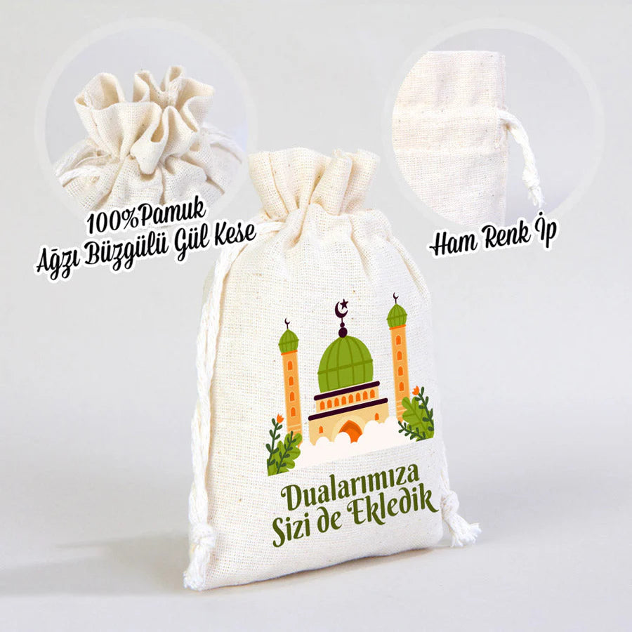 Hac ve Umre Hediyelik Bez Kese | 10x14,5 cm Kabe-i Muazzama’dan Selam ve Dua ile - kullanım örneği