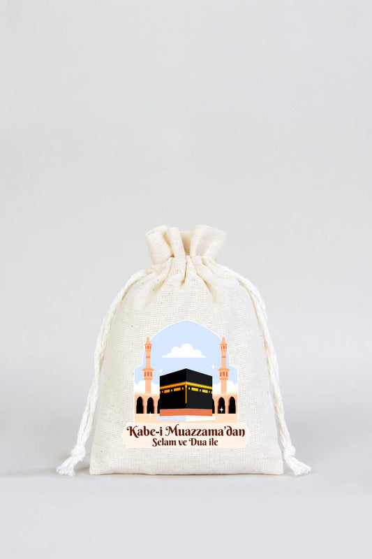 10x14,5 cm Dualarımıza Sizi de Ekledik | Hac ve Umre Hediyelik Bez Kese (Gündüz) - detay görünüm
