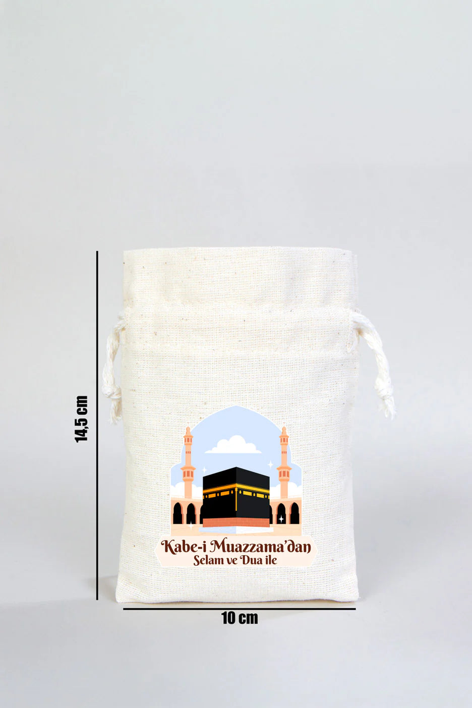 10x14,5 cm Dualarımıza Sizi de Ekledik | Hac ve Umre Hediyelik Bez Kese (Gündüz) - kullanım örneği
