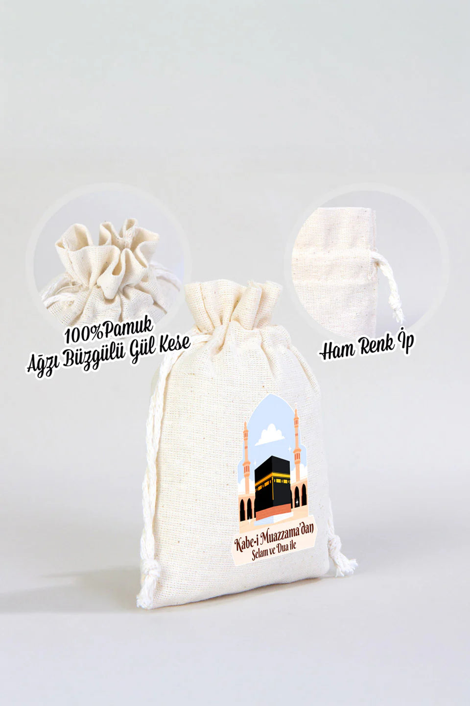 10x14,5 cm Dualarımıza Sizi de Ekledik | Hac ve Umre Hediyelik Bez Kese (Gündüz) - yakın çekim