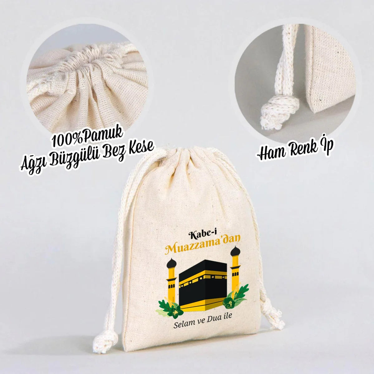 10x13 cm Kabe-i Muazzama’dan Selam ve Dua ile | Hac ve Umre Hediyelik Bez Kese - kullanım örneği