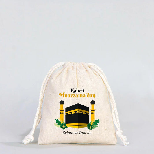 10x13 cm Kabe-i Muazzama’dan Selam ve Dua ile | Hac ve Umre Hediyelik Bez Kese - detay görünüm