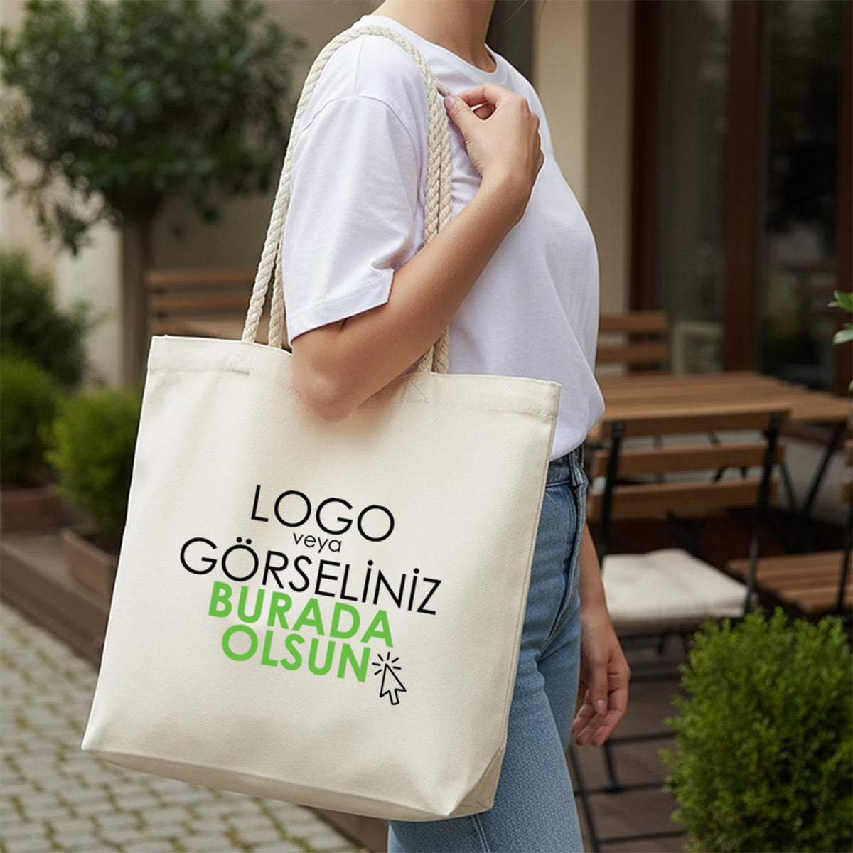 Baskılı Kanvas Alışveriş&Plaj&Geniş Hacim Halat Kulp Çanta - 48x41x10 cm İç cep