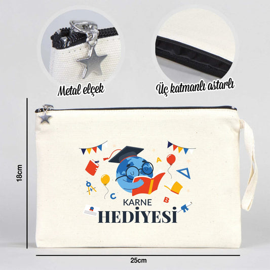 Astarli kanvas clutch çanta, karne günü temalı okul figürlü ve özelleştirilebilir karne hediyesi tasarımı