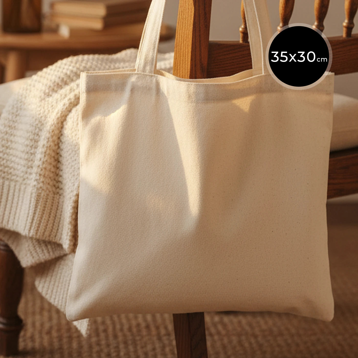 Uzun kulplu, ham bez kumaştan üretilmiş 35x30 cm boyutlarında günlük kullanım için ideal çanta.
