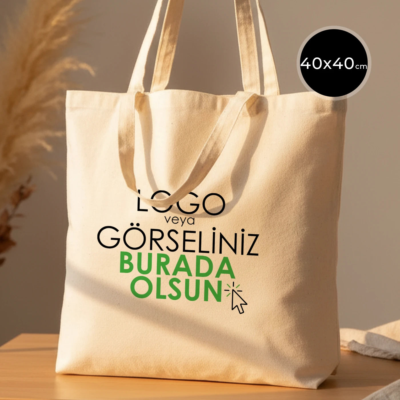 Çift kulplu, dayanıklı ham bez kumaştan üretilmiş 40x40 cm boyutlarında kullanışlı bez çanta.
