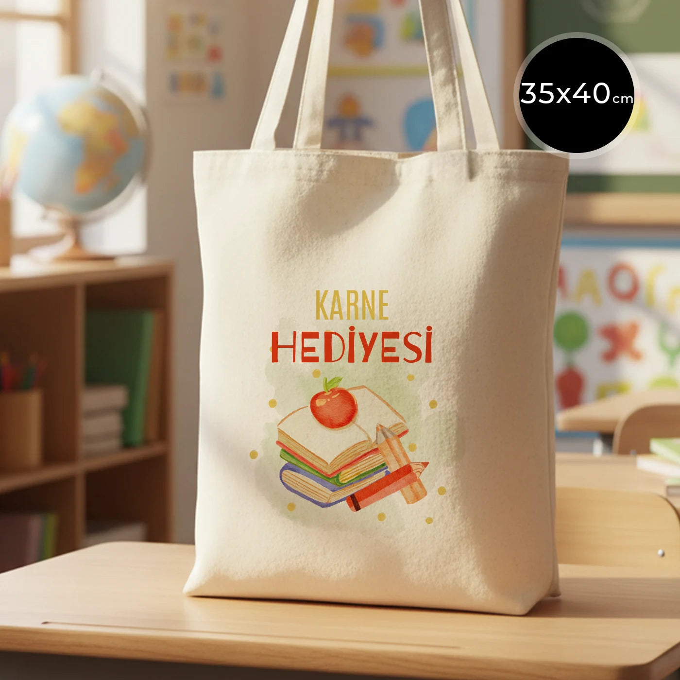 sınıf ortamında masa üstünde sergilenen özelleştirilebilir karne hediyesi bez çanta