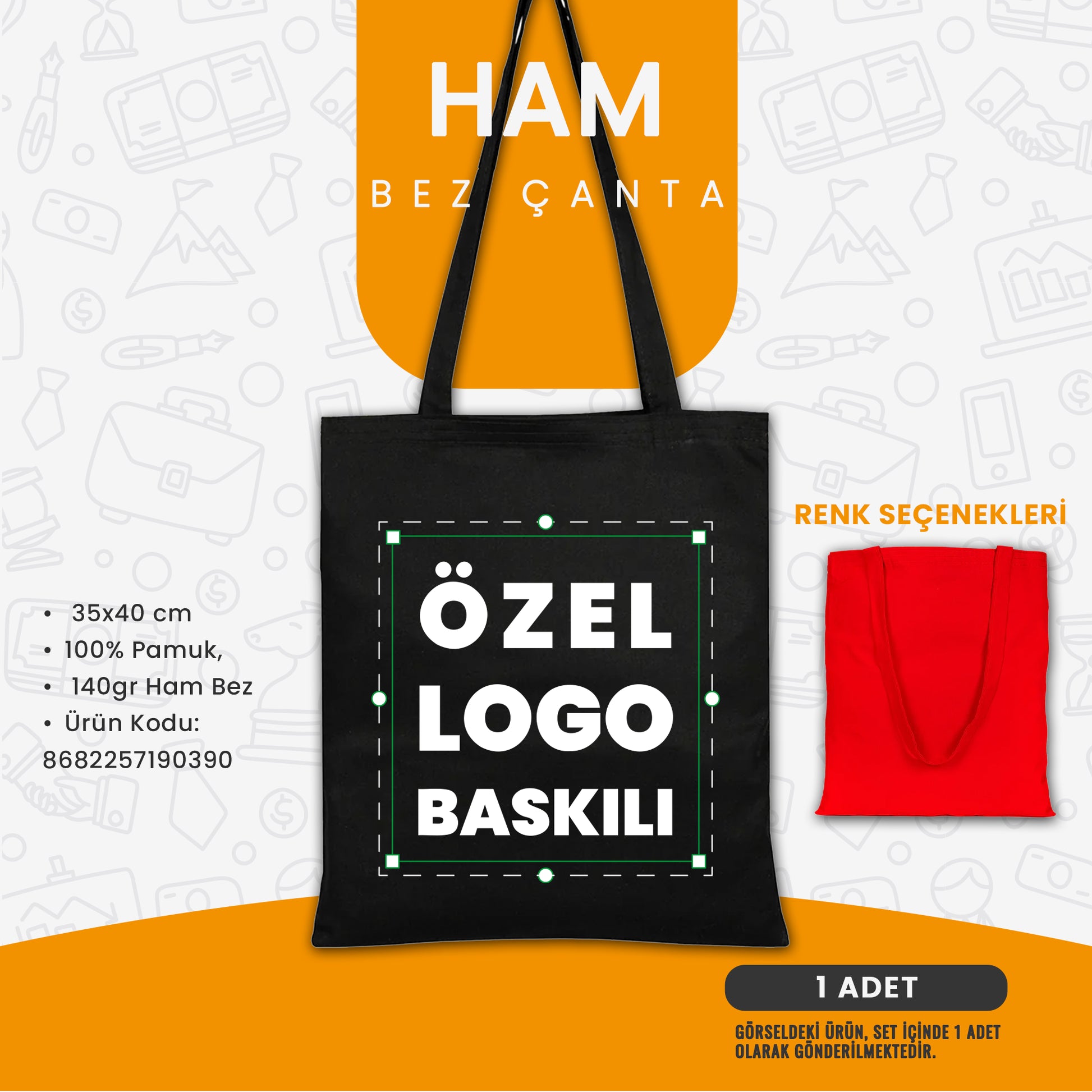 “Özel logo baskılı ham bez çanta; 35x40 cm, 100% pamuk, 140 gr kumaşlı ve renkli kulp seçenekli promosyon tote çanta modeli.”