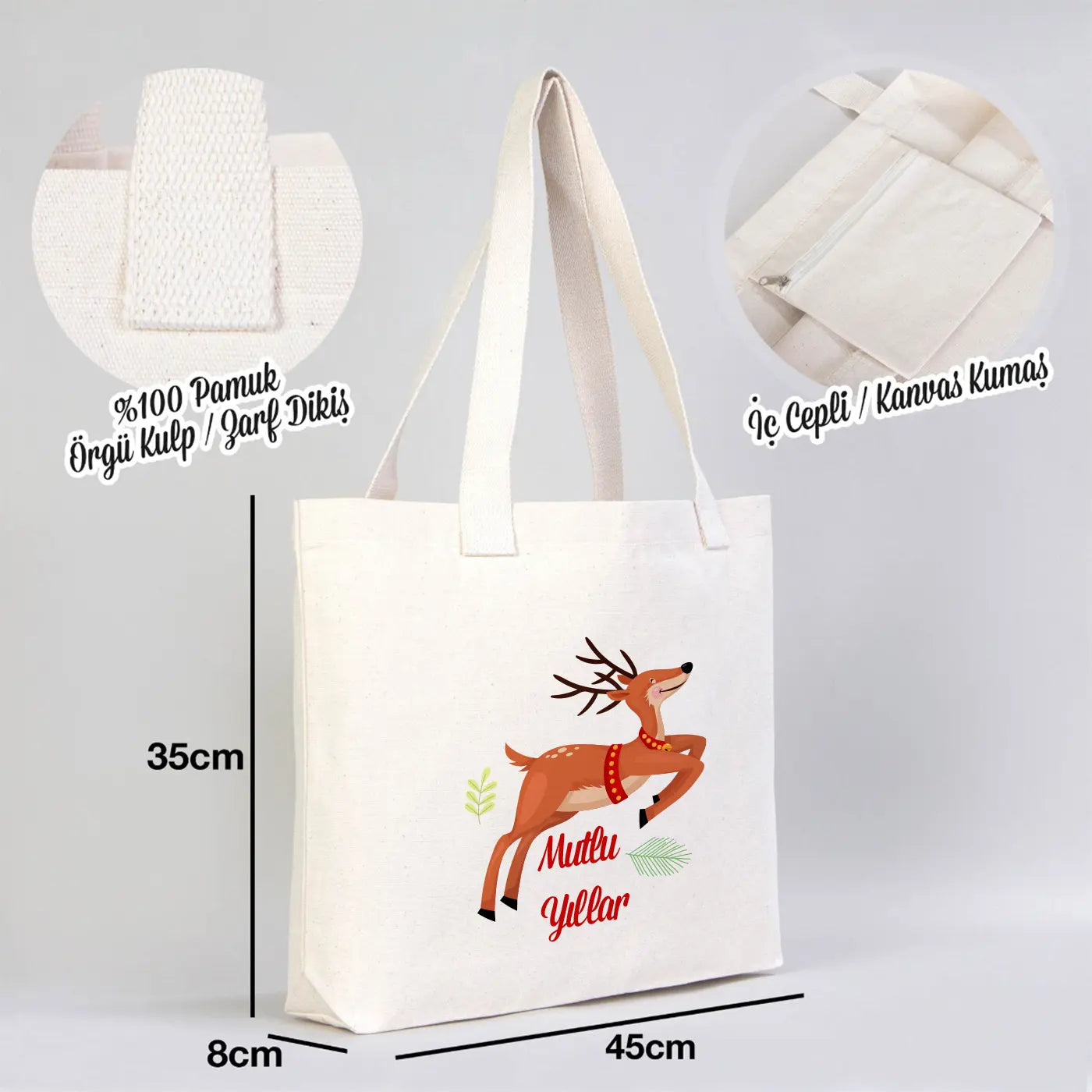 Yeniyıl Baskılı Modern Kanvas Çanta - Dıştan Örgü Kulp 45x35x8 cm (Özelleştirilebilir)