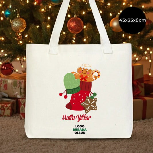 Yeniyıl Baskılı Modern Kanvas Çanta - Dıştan Örgü Kulp 45x35x8 cm (Özelleştirilebilir)