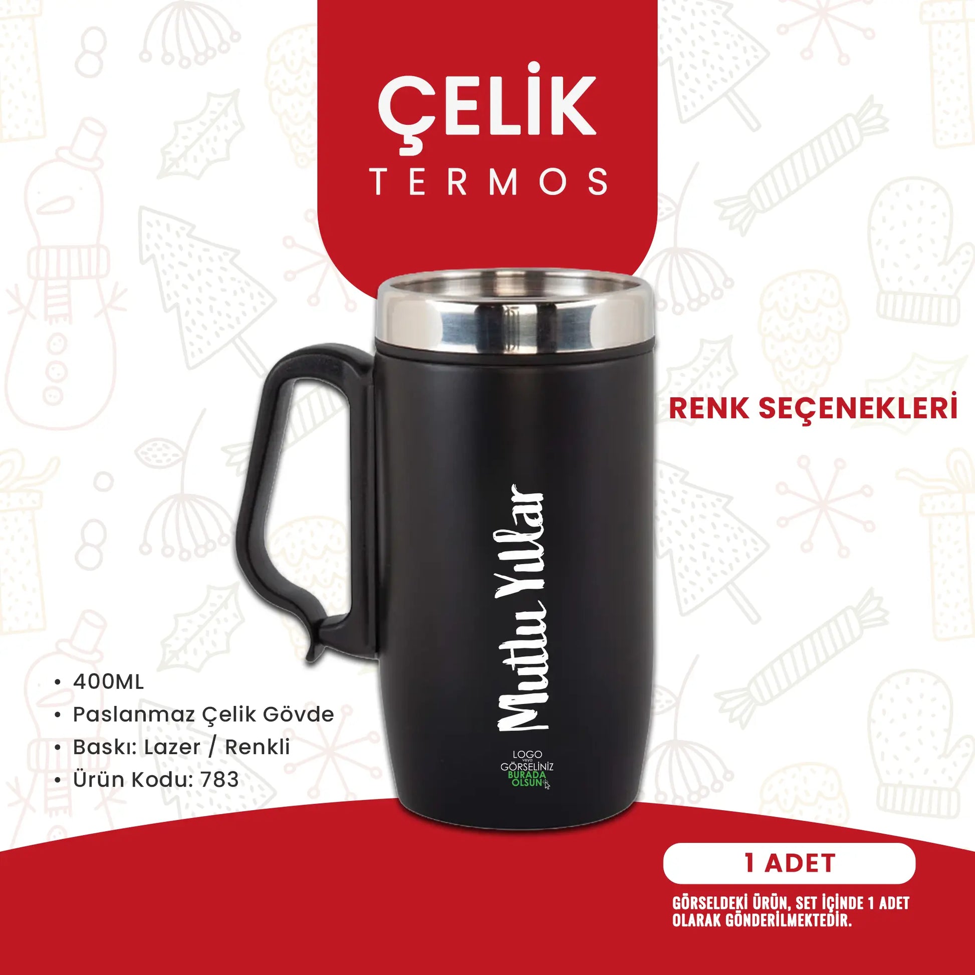 Yılbaşı Logo baskılı çelik termos – Mutlu Yıllar baskılı siyah termos.