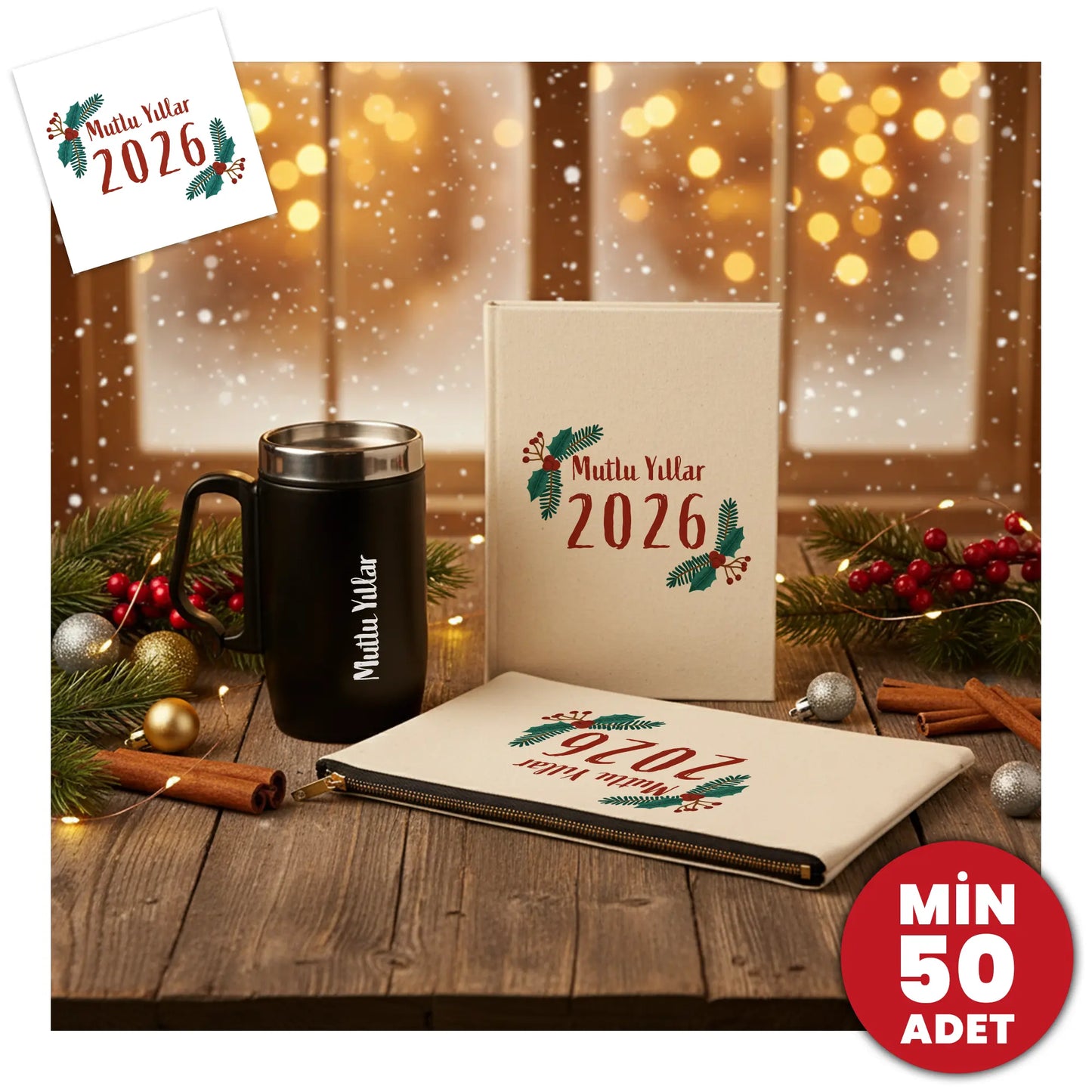 Yılbaşı ofis hediye seti – Mutlu Yıllar 2026 logolu termos, kanvas defter ve clutch çanta.
