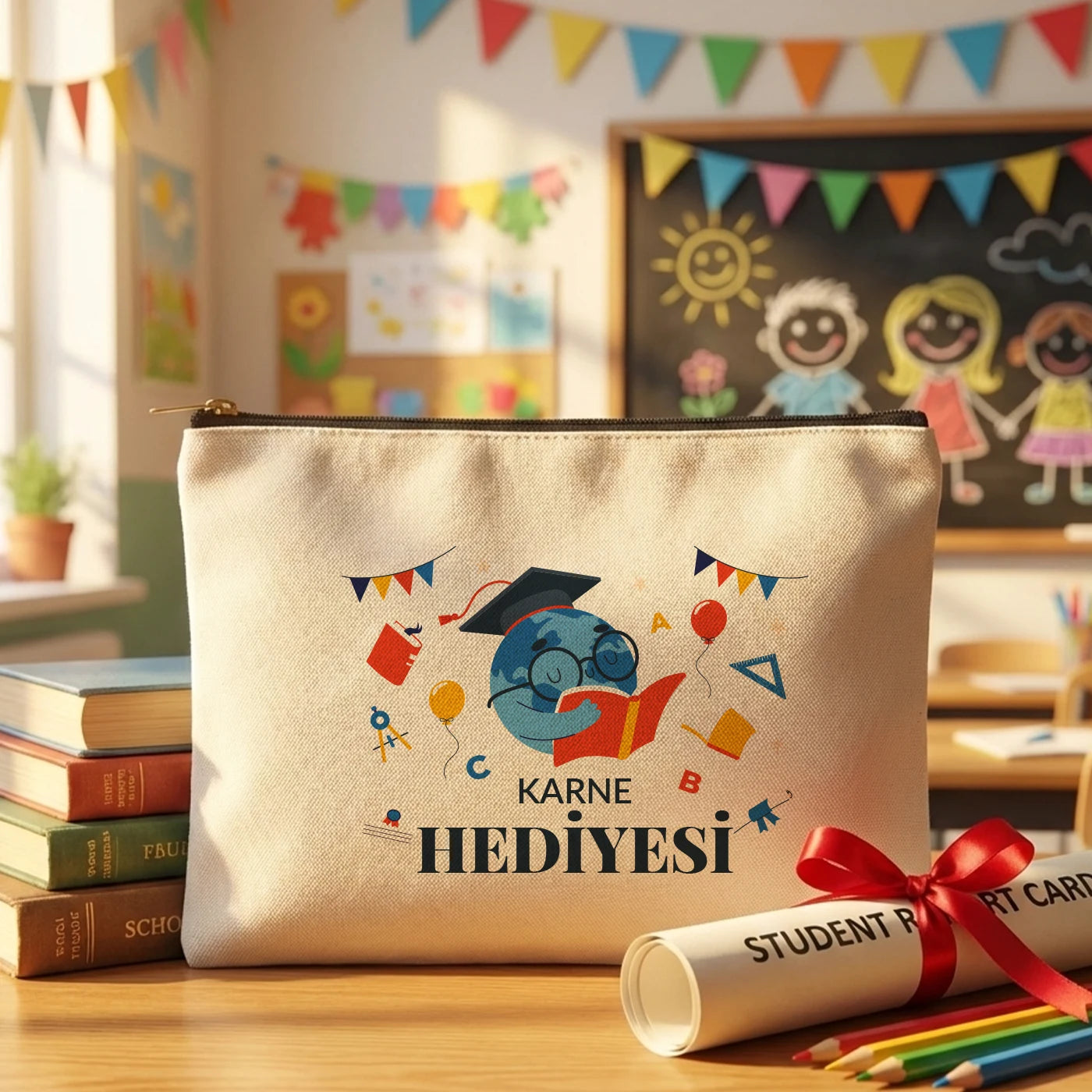 Natural tonlu karne günü temalı clutch çanta 25×18 cm, okul figürlü ve özelleştirilebilir karne hediyesi tasarımı