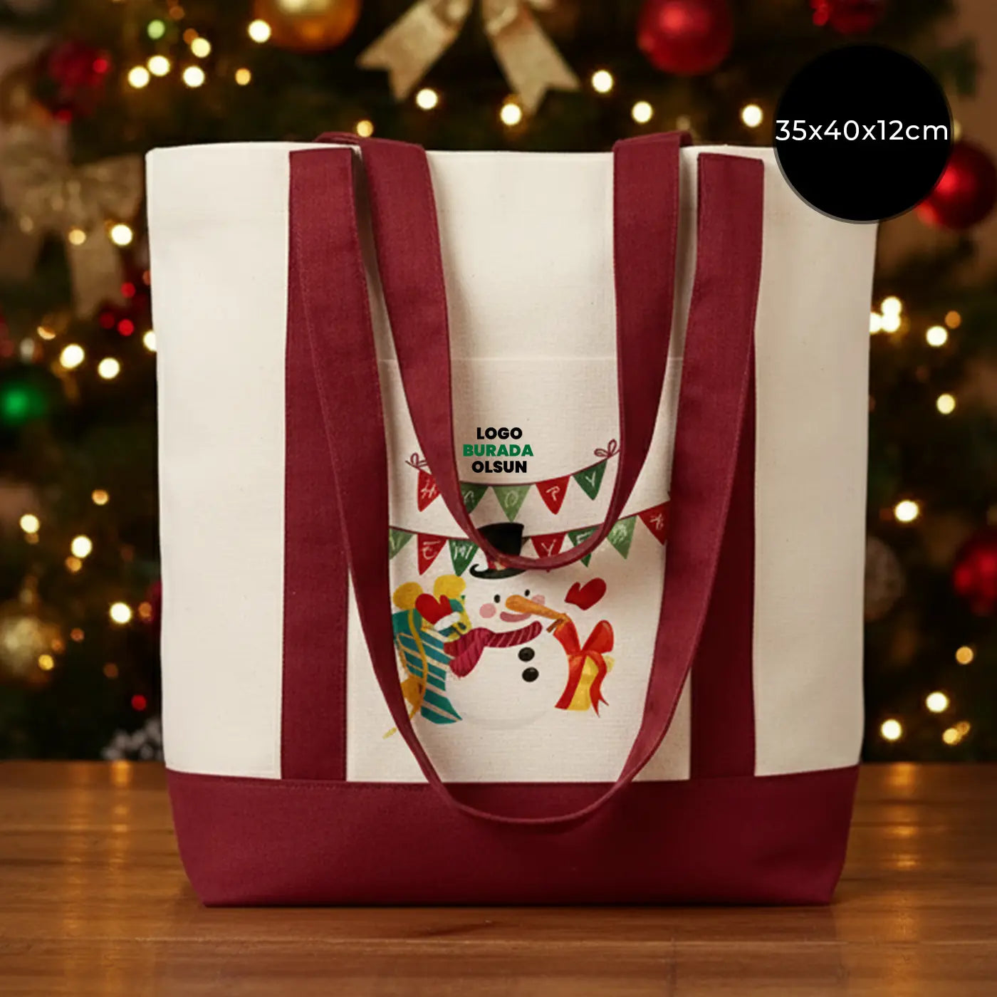 Yılbaşı Özel Bordo Kulplu Trend Kanvas Çanta 40x35x12 cm – Özelleştirilebilir