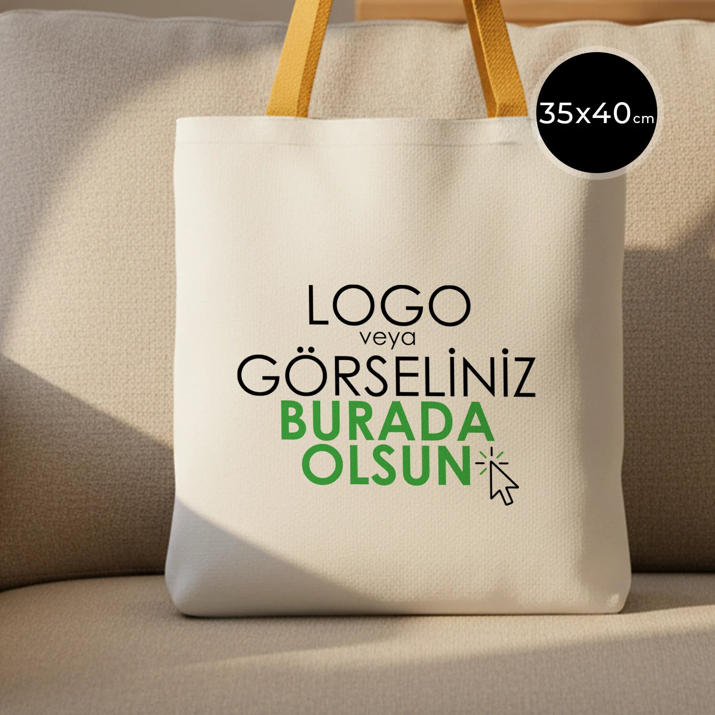 Hardal renkli kulplu, ham bezden üretilmiş 35x40 cm boyutlarında kullanışlı günlük çanta.
