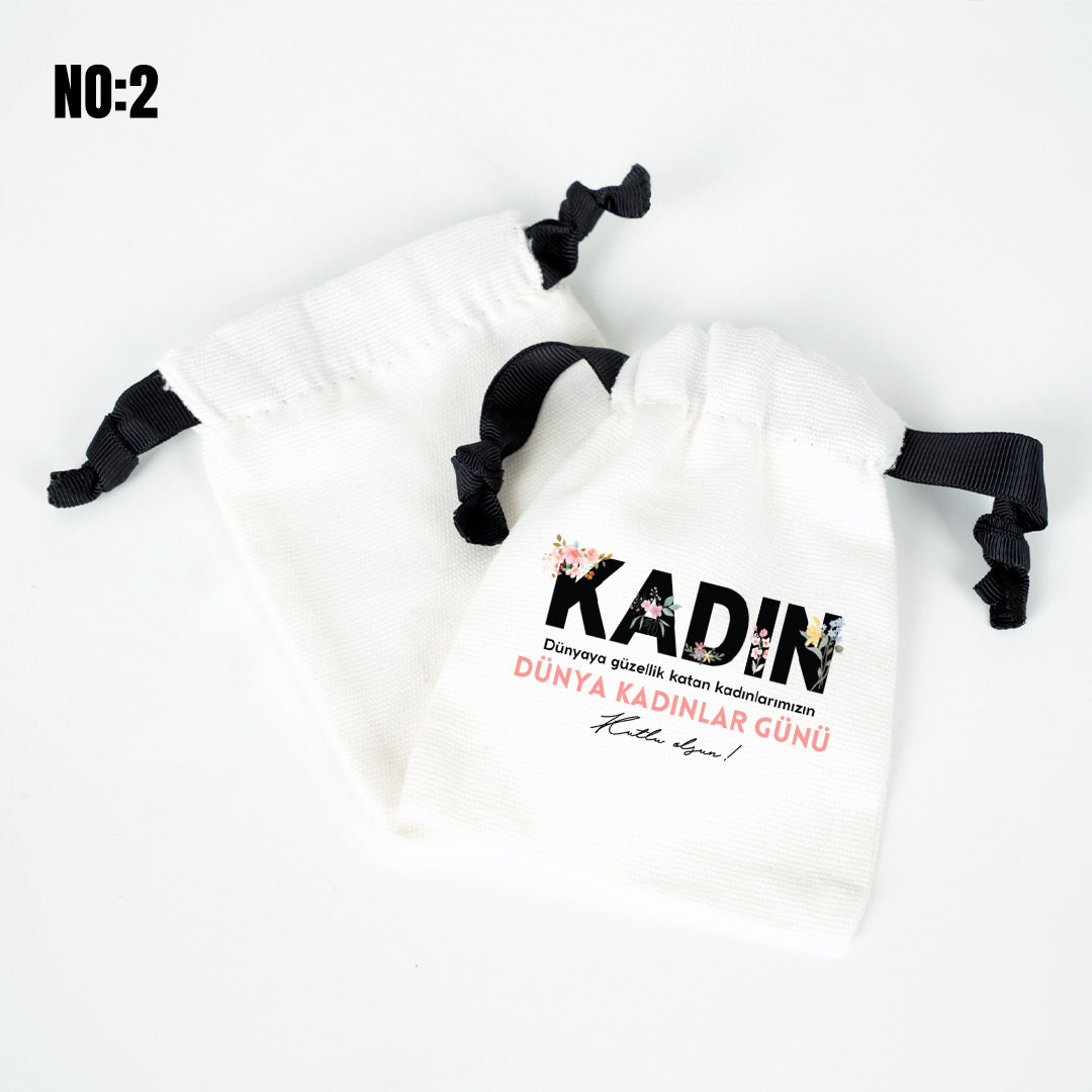 Kurumsal Logo Baskılı Kadınlar Günü Bez Kese - Siyah İpli 10x13 cm