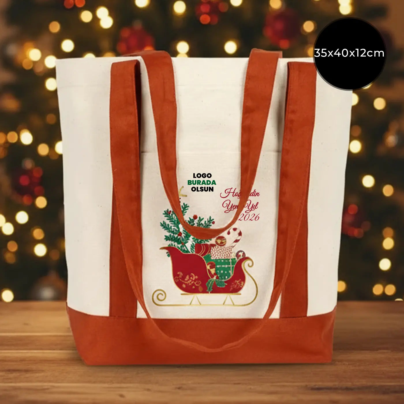 Yılbaşı Özel Trend Kanvas Çanta 40x35x12cm - Kiremit Renkli Kulp (Özelleştirilebilir)