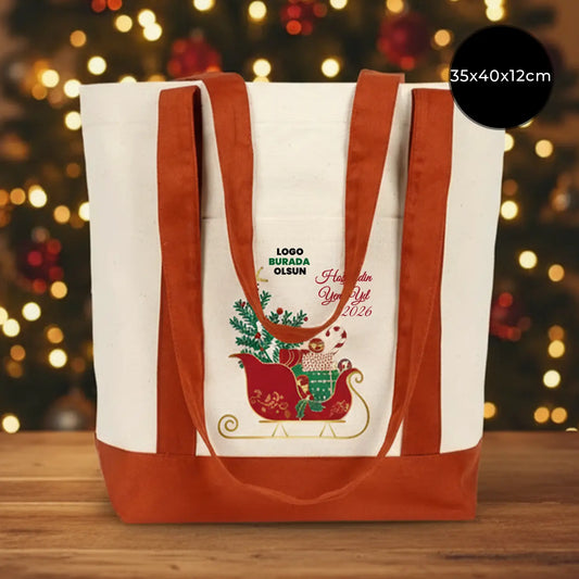 Yılbaşı Özel Trend Kanvas Çanta 40x35x12cm - Kiremit Renkli Kulp (Özelleştirilebilir)