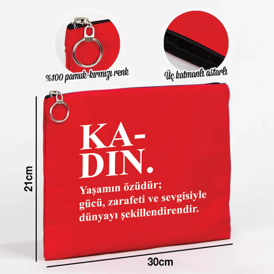 30×21 cm Kırmızı Portföy Çanta Astarlı – Kadınlar Günü Hediyesi - yakın çekim
