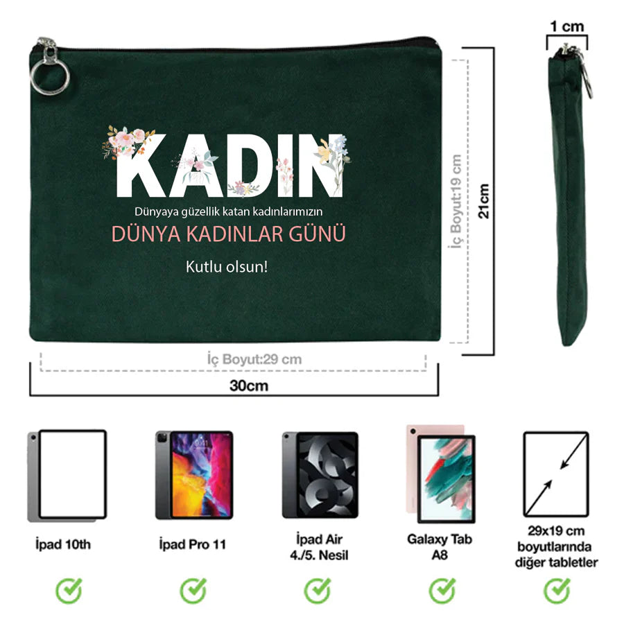 30×21 cm Çam Yeşili Astarlı Portföy Çanta – Kadınlar Günü Hediyesi - detay görünüm