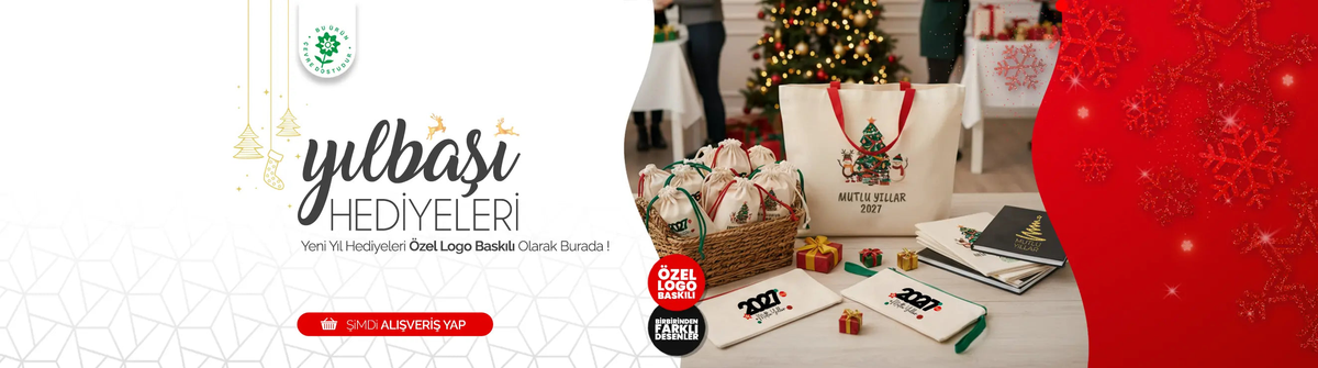 Yılbaşı hediyeleri 2027 – özel logo baskılı bez çanta, kese ve kalemlik