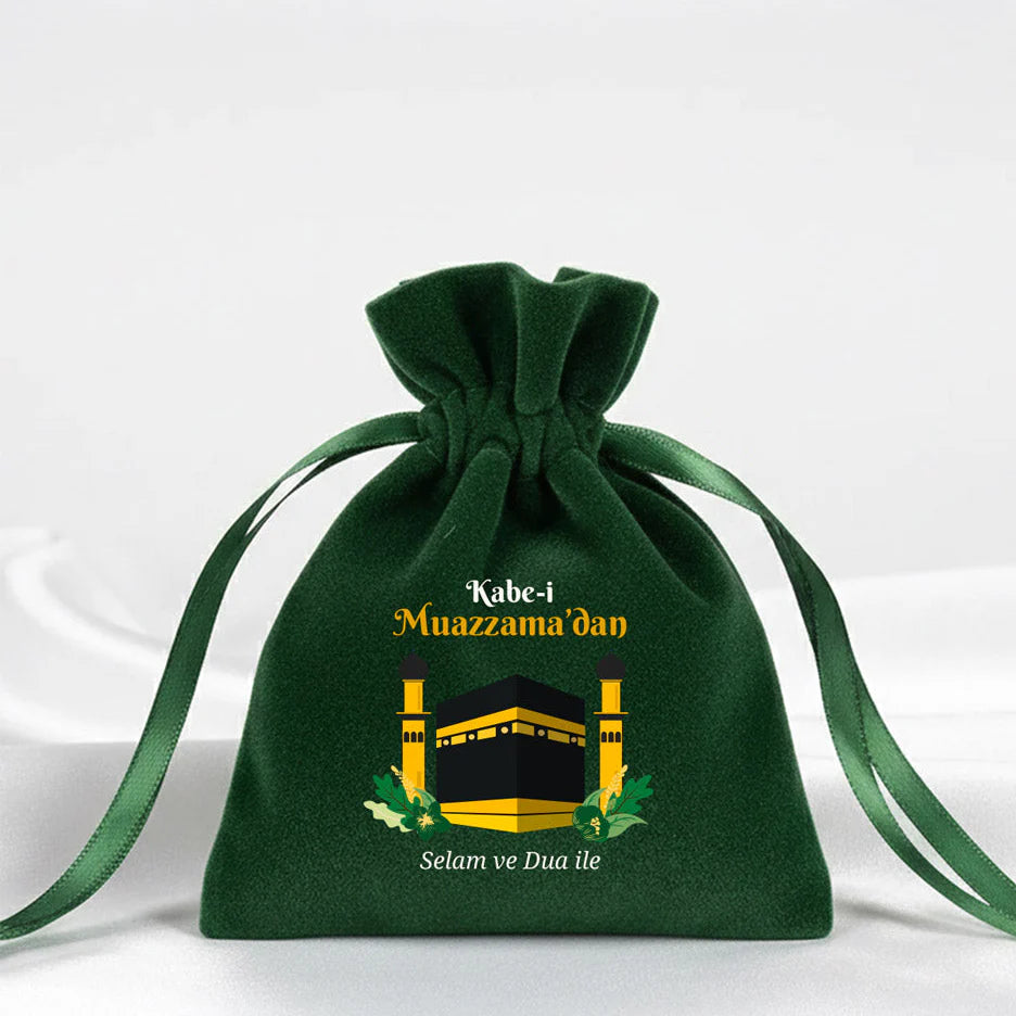 10x13 cm Dualarımıza Sizi de Ekledik | Hac ve Umre Hediyelik Kadife Gül Kese ... - detay görünüm