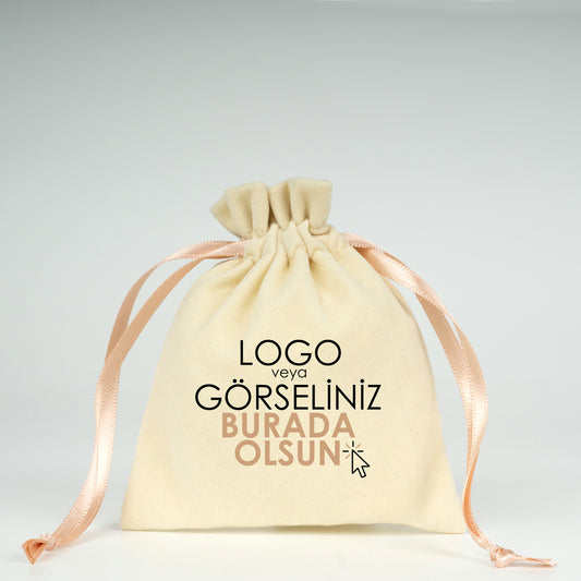 Kadife Gül Kese 10x14,5 cm - Pudra Renk İp (Özelleştirilebilir)