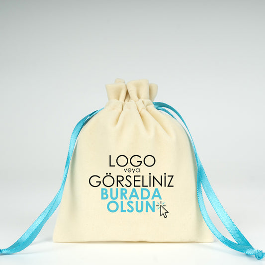 Kadife Gül Kese 10x14,5 cm - Turkuaz Renk İp (Özelleştirilebilir)