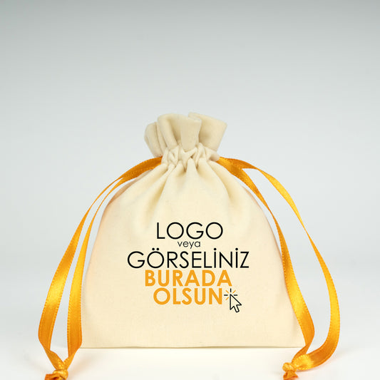 Kadife Gül Kese 10x14,5 cm - Turuncu Renk İp (Özelleştirilebilir)