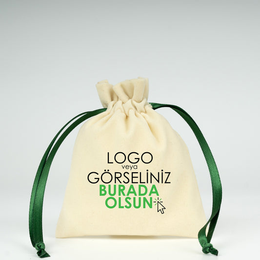 Kadife Gül Kese 10x14,5 cm - Yeşil Renk İp (Özelleştirilebilir)