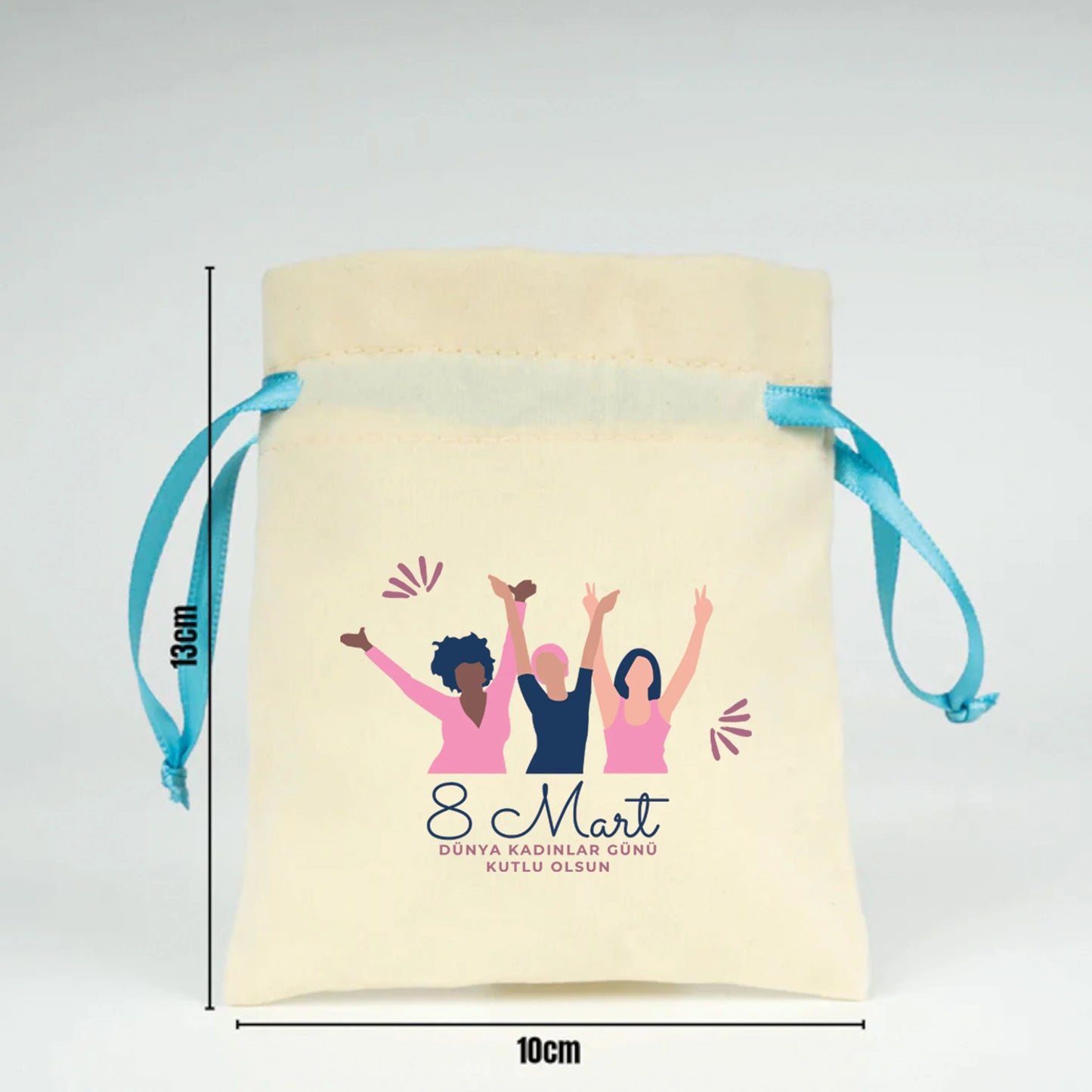 10x13 cm Turkuaz Renk İp Kadife Gül Kese - Kadınlar Günü Hediyesi