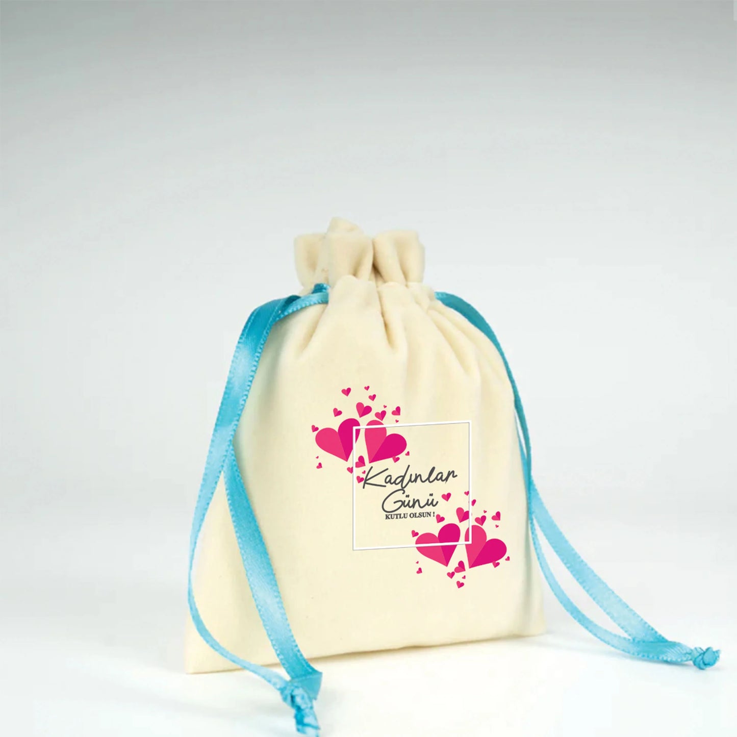 10x13 cm Turkuaz Renk İp Kadife Gül Kese - Kadınlar Günü Hediyesi