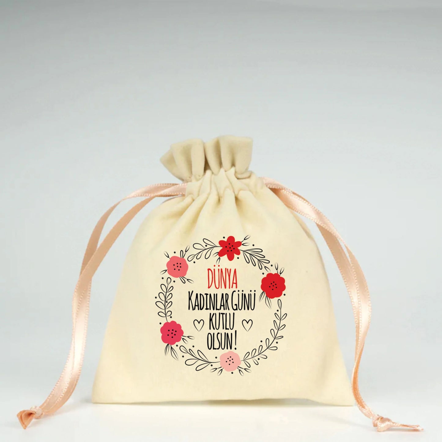 10x13 cm Pudra Renk İp Kadife Gül Kese - Kadınlar Günü Hediyesi