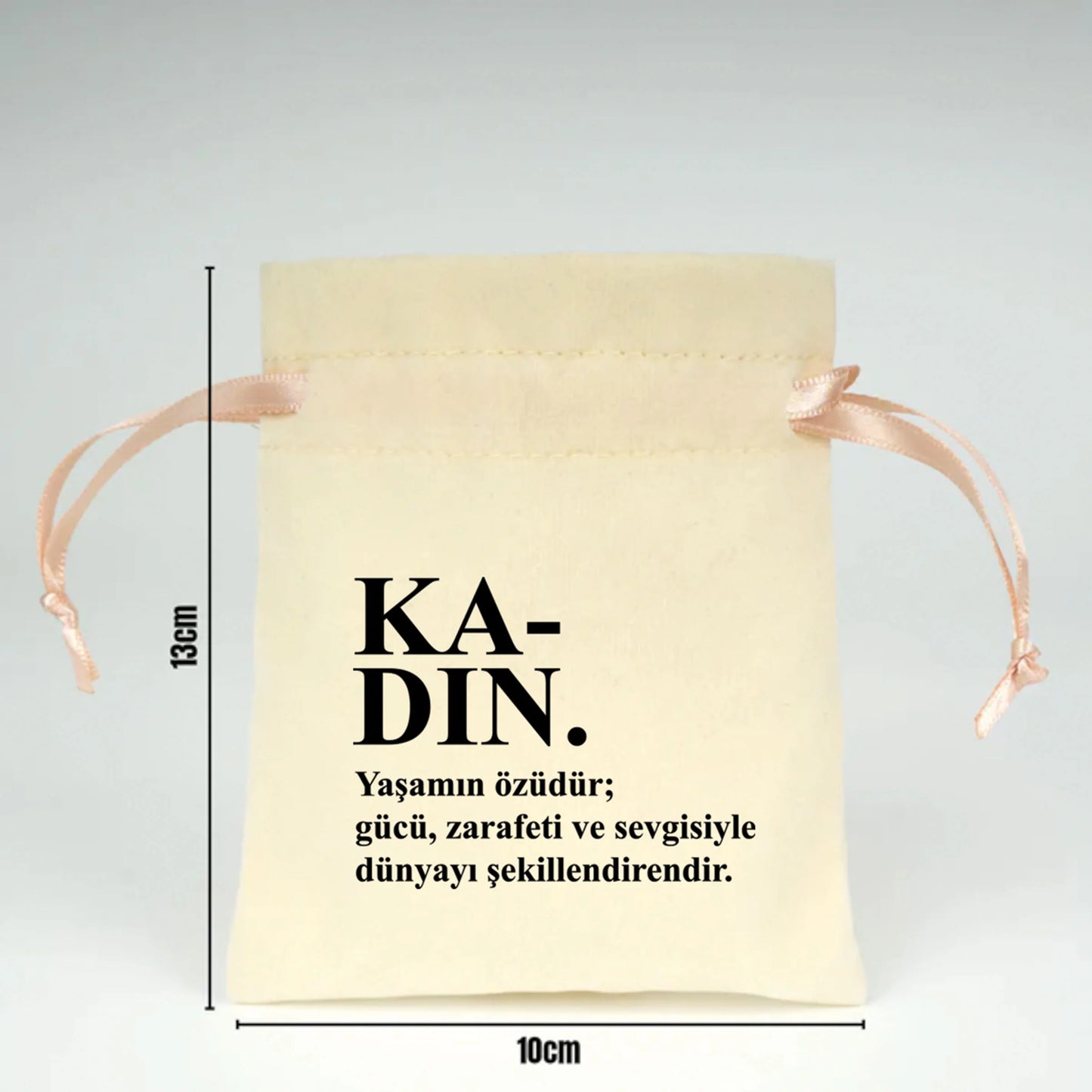 10x13 cm Pudra Renk İp Kadife Gül Kese - Kadınlar Günü Hediyesi