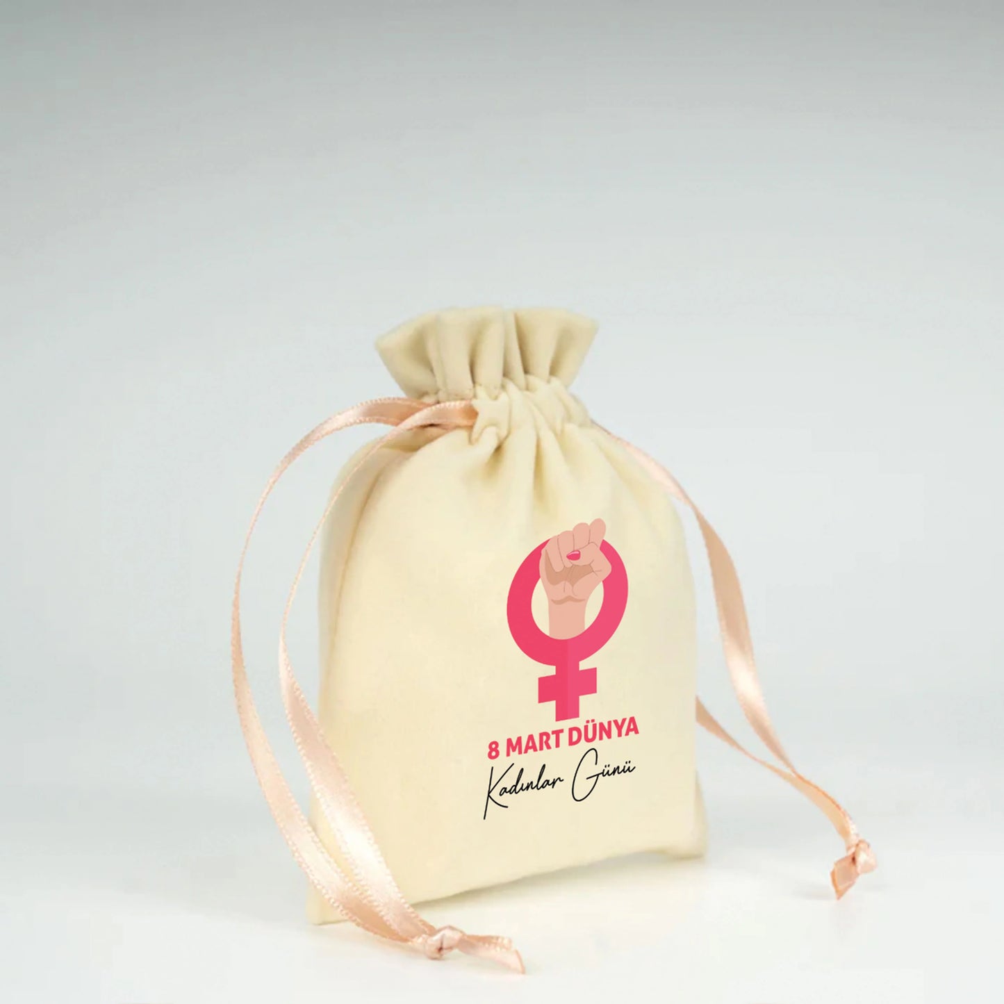 10x13 cm Pudra Renk İp Kadife Gül Kese - Kadınlar Günü Hediyesi