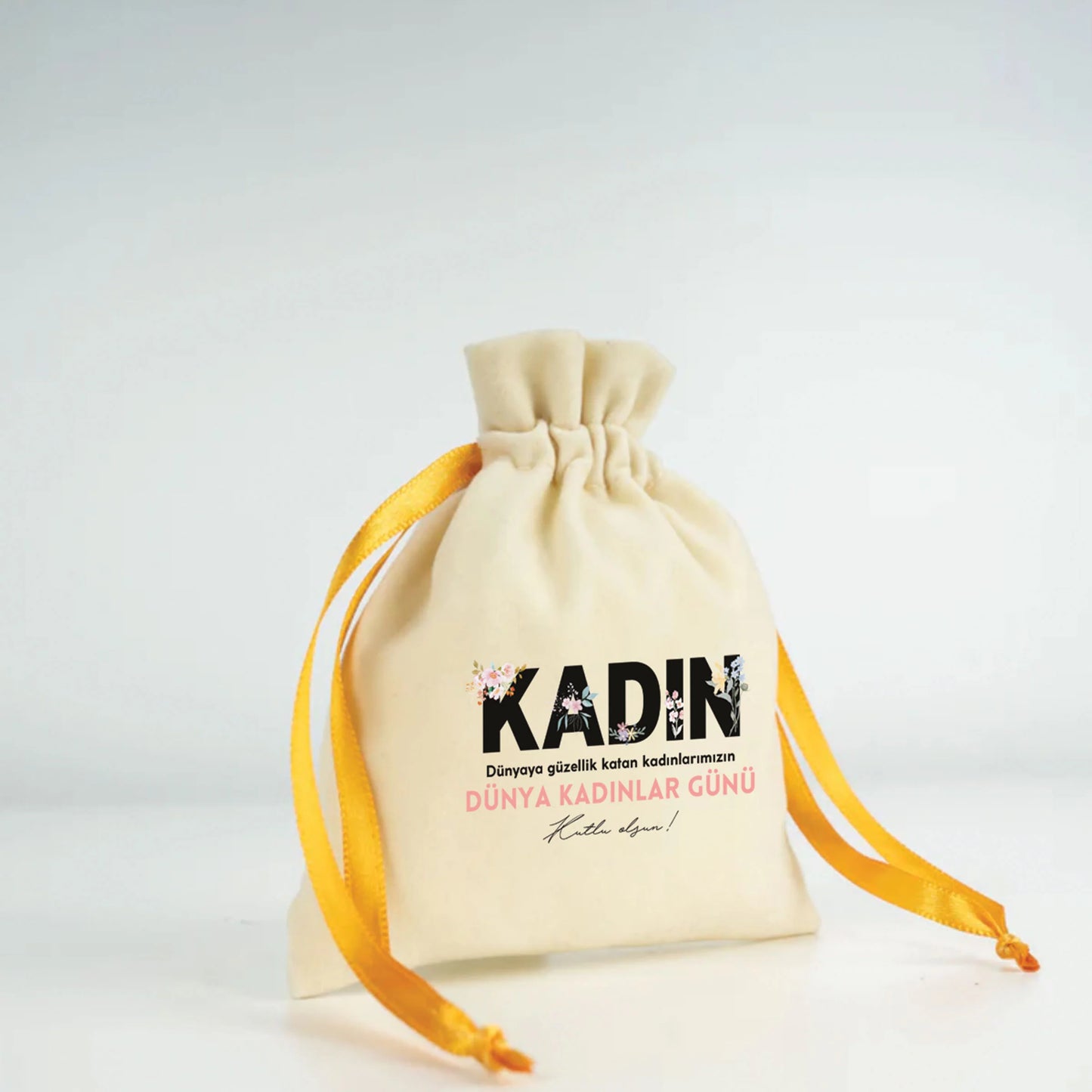 10x13 cm Turuncu Renk İp Kadife Gül Kese - Kadınlar Günü Hediyesi