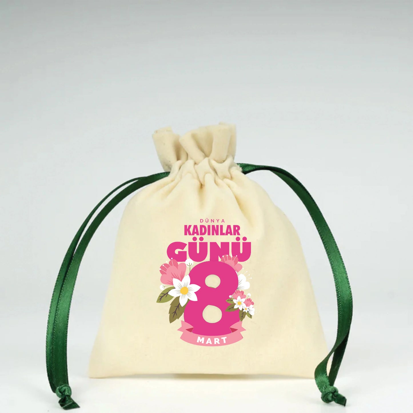 Kadife Gül Kese 10x13 cm Yeşil Renk İp - Kadınlar Günü Hediyesi