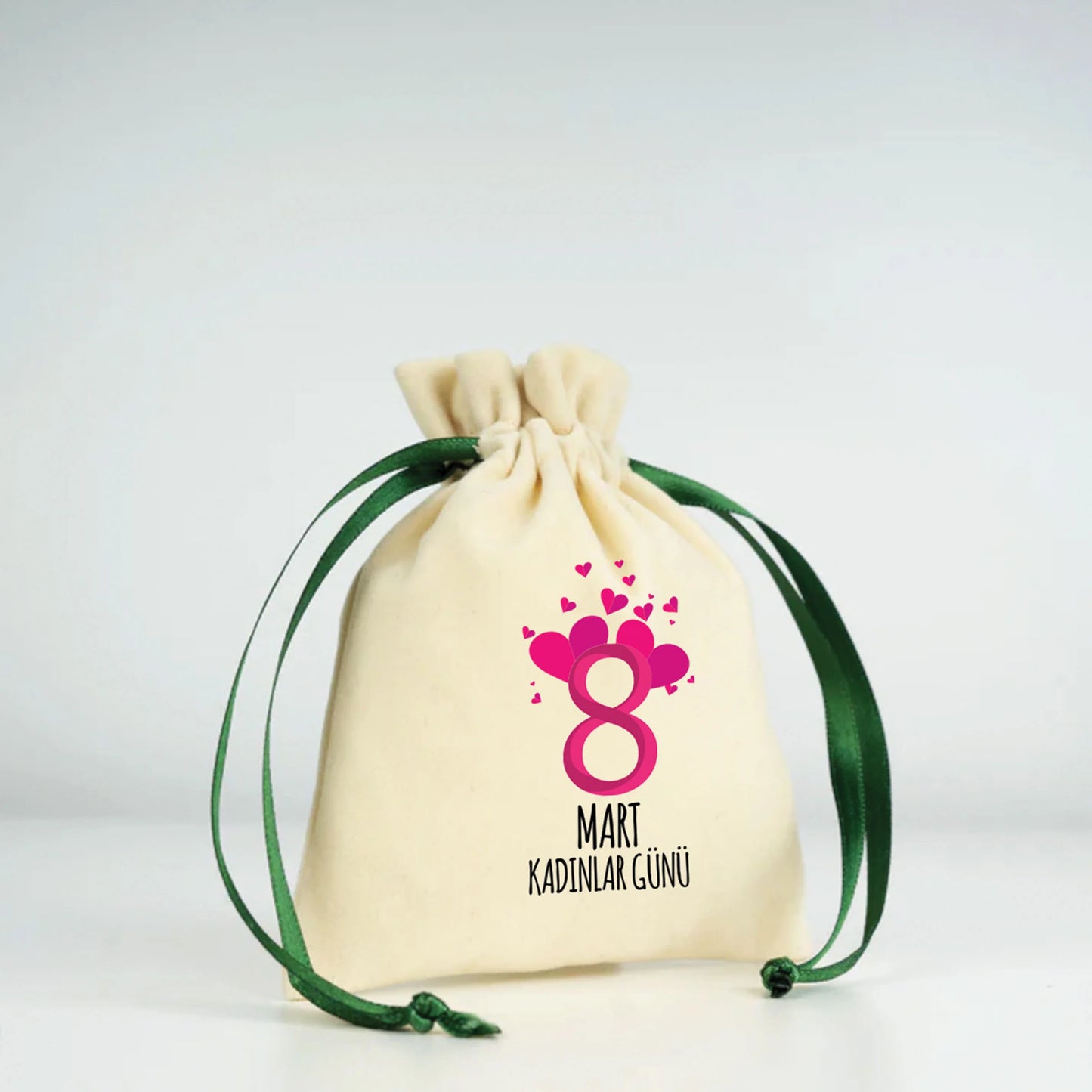 Kadife Gül Kese 10x13 cm Yeşil Renk İp - Kadınlar Günü Hediyesi