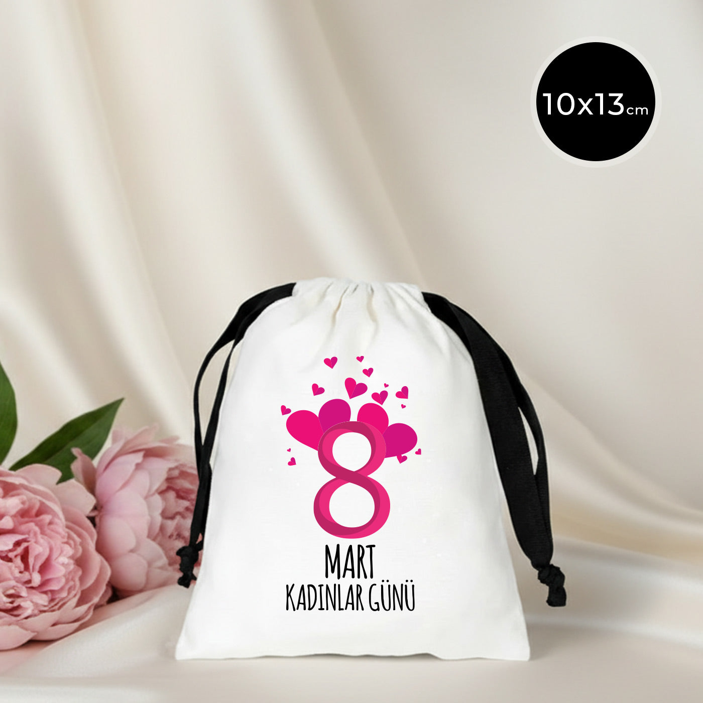 Kurumsal Logo Baskılı Kadınlar Günü Bez Kese - Siyah İpli 10x13 cm