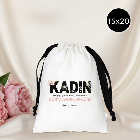 Kadınlar Günü 8 Mart Özel Siyah İpli Bez Kese - Beyaz Panama Kumaş - 15x20 cm