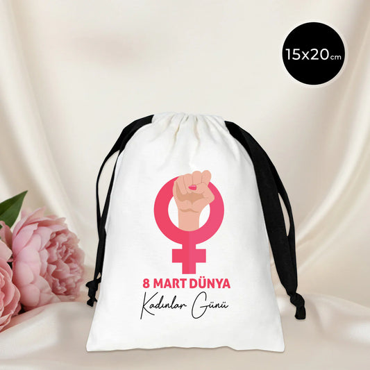 15x20 cm Beyaz Panama Siyah İpli Bez Kese - Kadınlar Günü Hediyesi