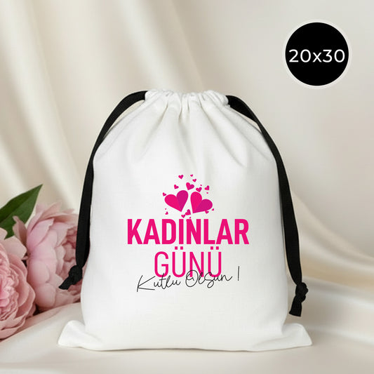 8 Mart Kadınlar Günü Özel - Siyah İpli Bez Kese, Beyaz Panama Kumaş, 20x30 cm