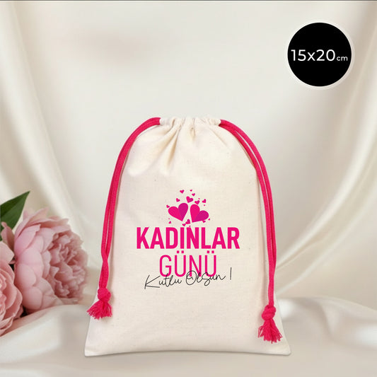 Kadınlar Günü Bez Kese 15x20 cm - Renkli İp