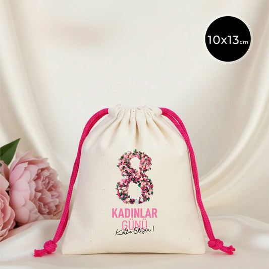 10x13 Fuşya İpli Bez Kese – Kadınlar Günü Hediyesi