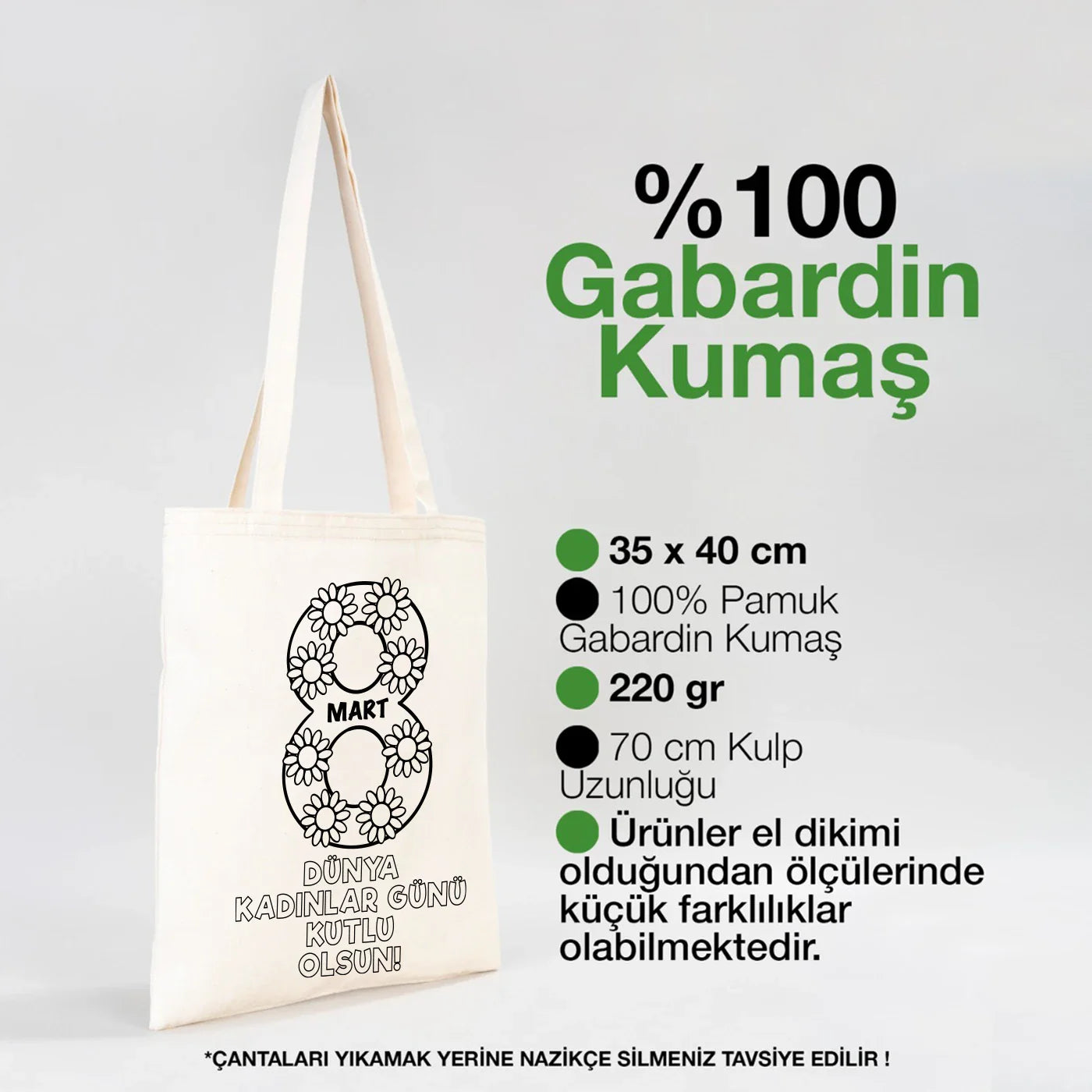 Boyanabilir 35x40 cm Gabardin Bez Çanta - Kadınlar Günü Hediyesi - farklı açı