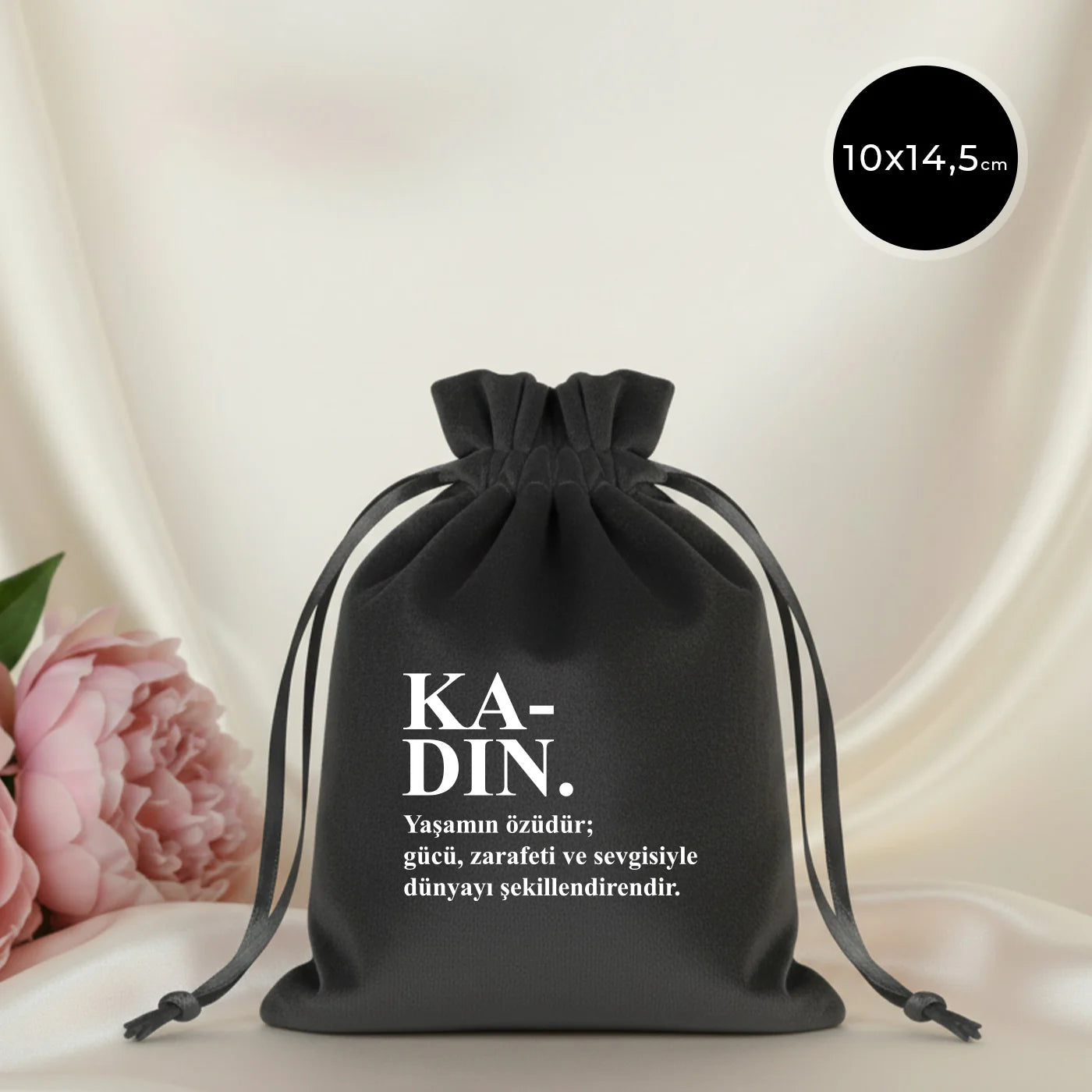 10x13 cm Antrasit Kadife Gül Kese - Kadınlar Günü Hediyesi